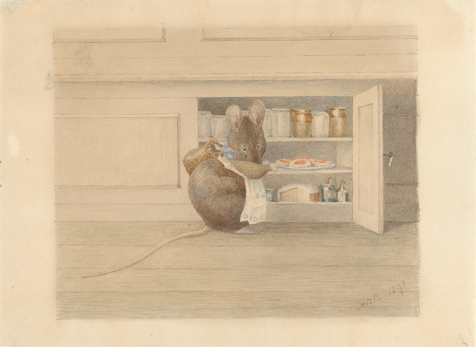 Drawing of a small mouse with an apron on looking holding a plate of pasties in front of a cupboard