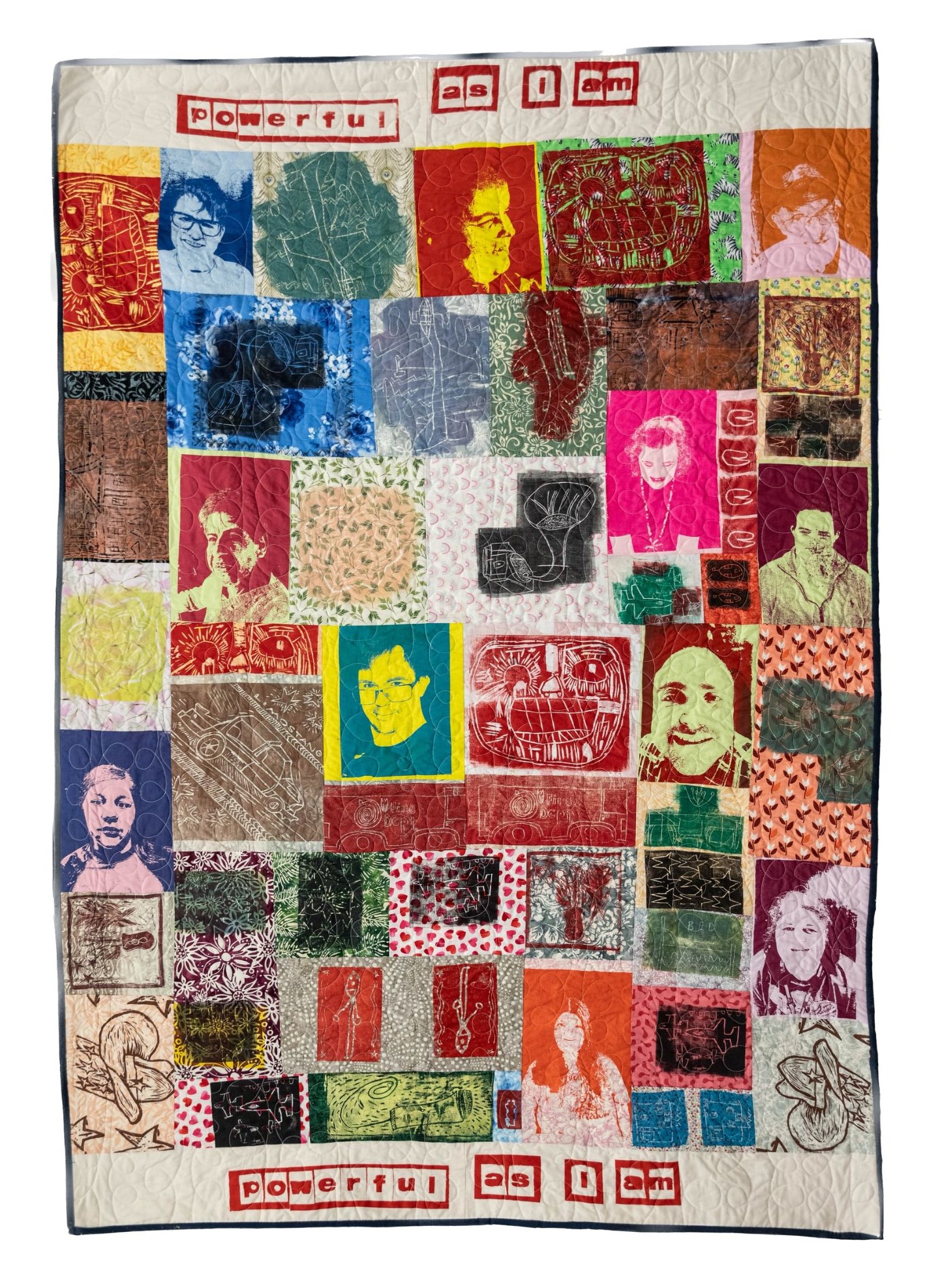 Quilt-like collage of different faces nad objects on individual shapes
