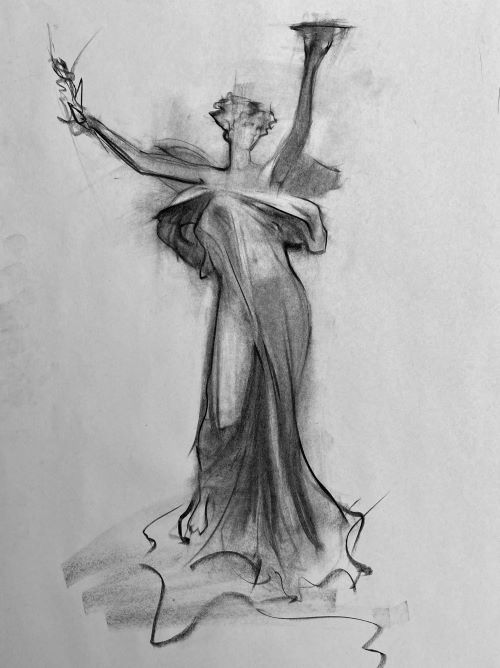 Black and white drawing of a female statue