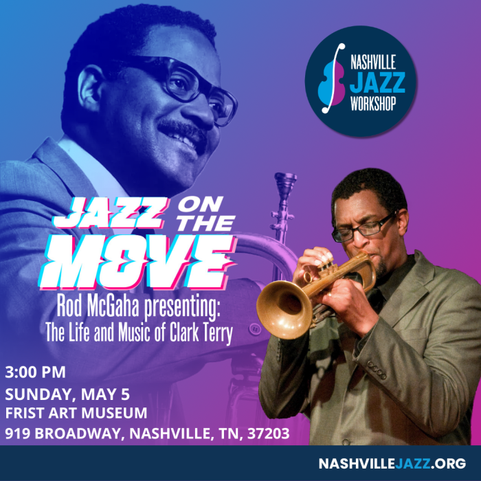 Jazz on the Move graphic with image of Clark Terry and Rod McGaha
