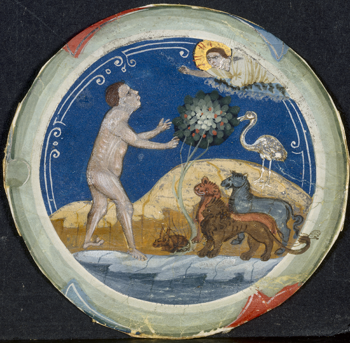On a round canvas, against a night-blue sky, a nude man is looking at a haloed figure as animals stare at the nude. The background is a night-blue sky, water is in the foreground and a long-necked bird stands on a hill eating from a tree.
