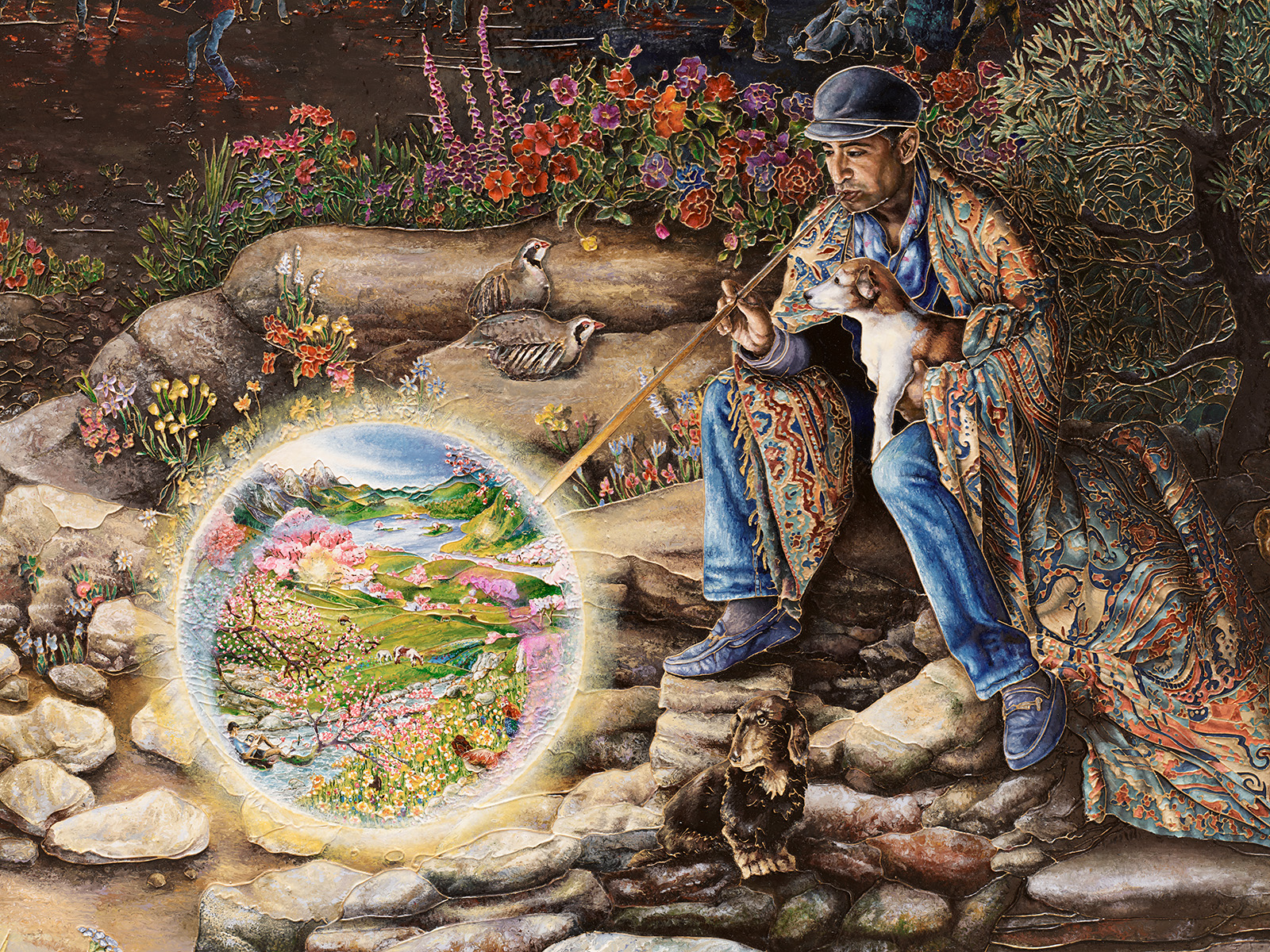 Man sitting outside with dog looking into a portal showing an idyllic landscape