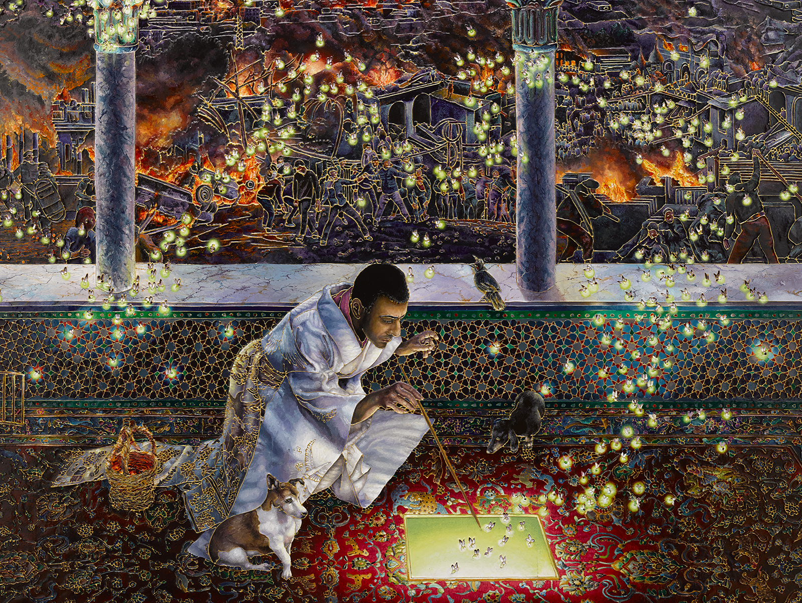 Man surrounded by glowing fireflies looks into an illuminated hole while a chaotic scene unfolds in the background