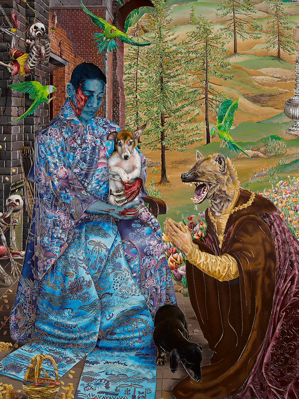 Wolf-headed human figure kneels before a person with blue skin holding a dog