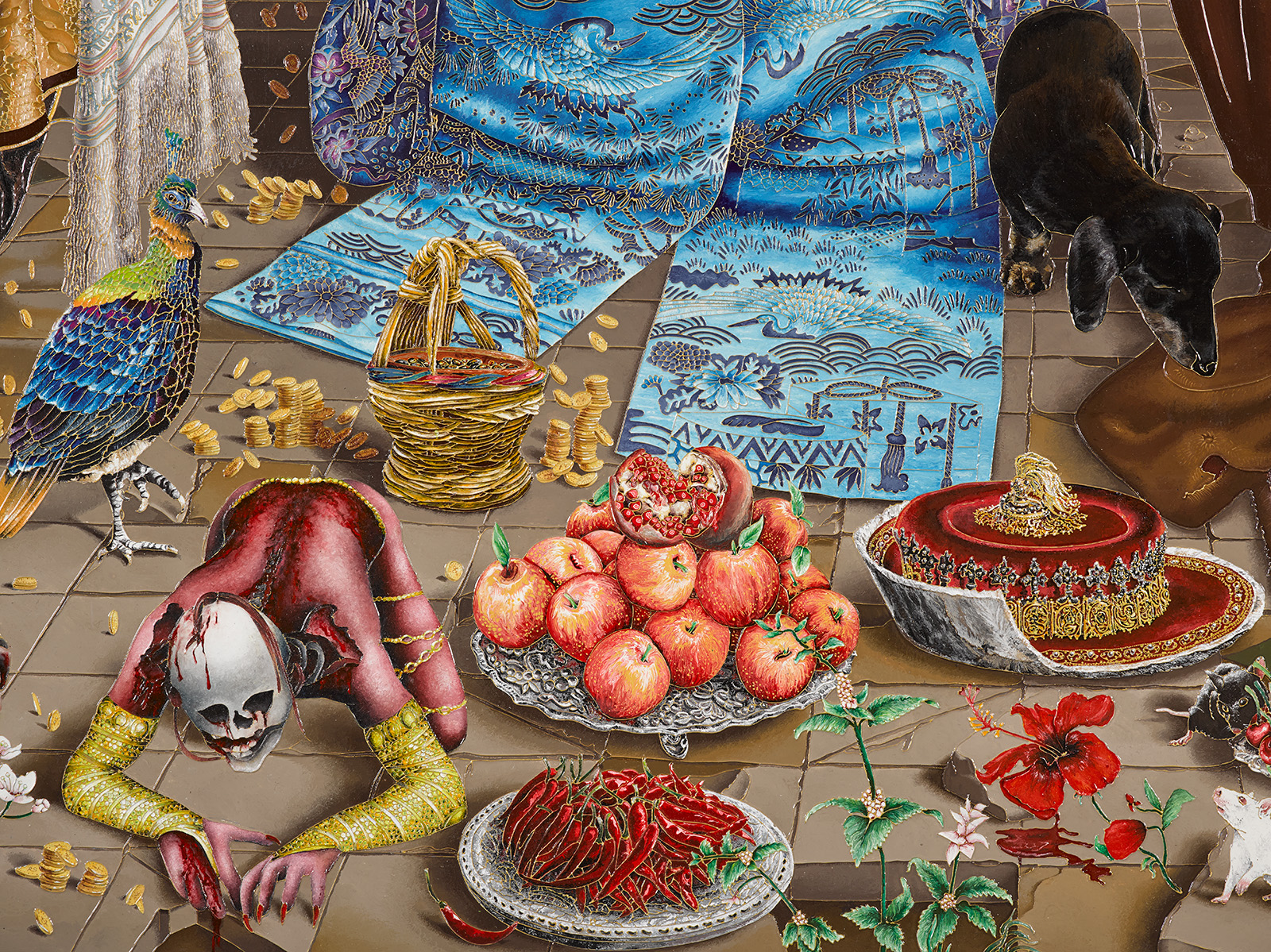 Ornate objects strewn across floor with a skeleton-headed figure lying on the ground