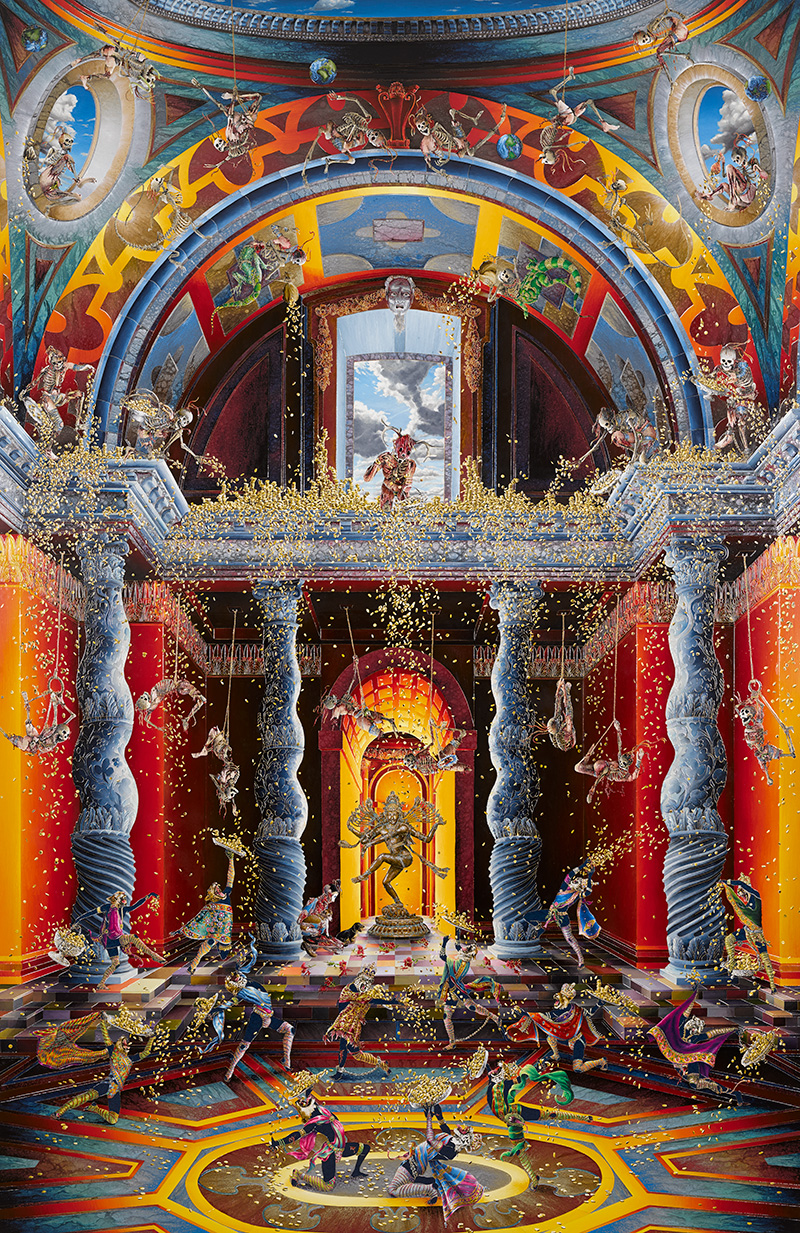 Skeletons dance inside an ornate and vibrant arched-ceiling temple