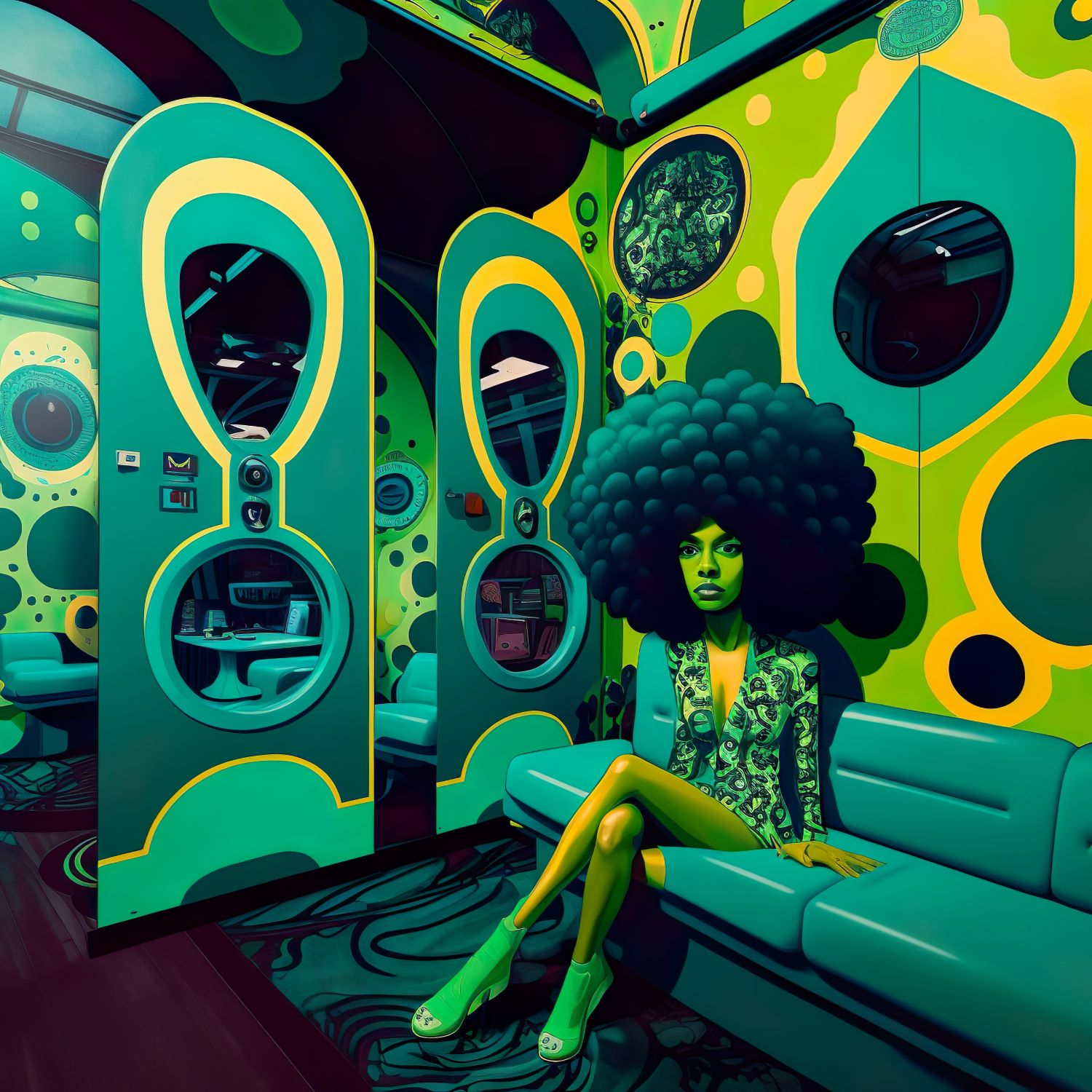 African Amerian woman with a very large afro sitting on a couch in a room that is entirely tinted in a greenish yellow tone with circular shapes around
