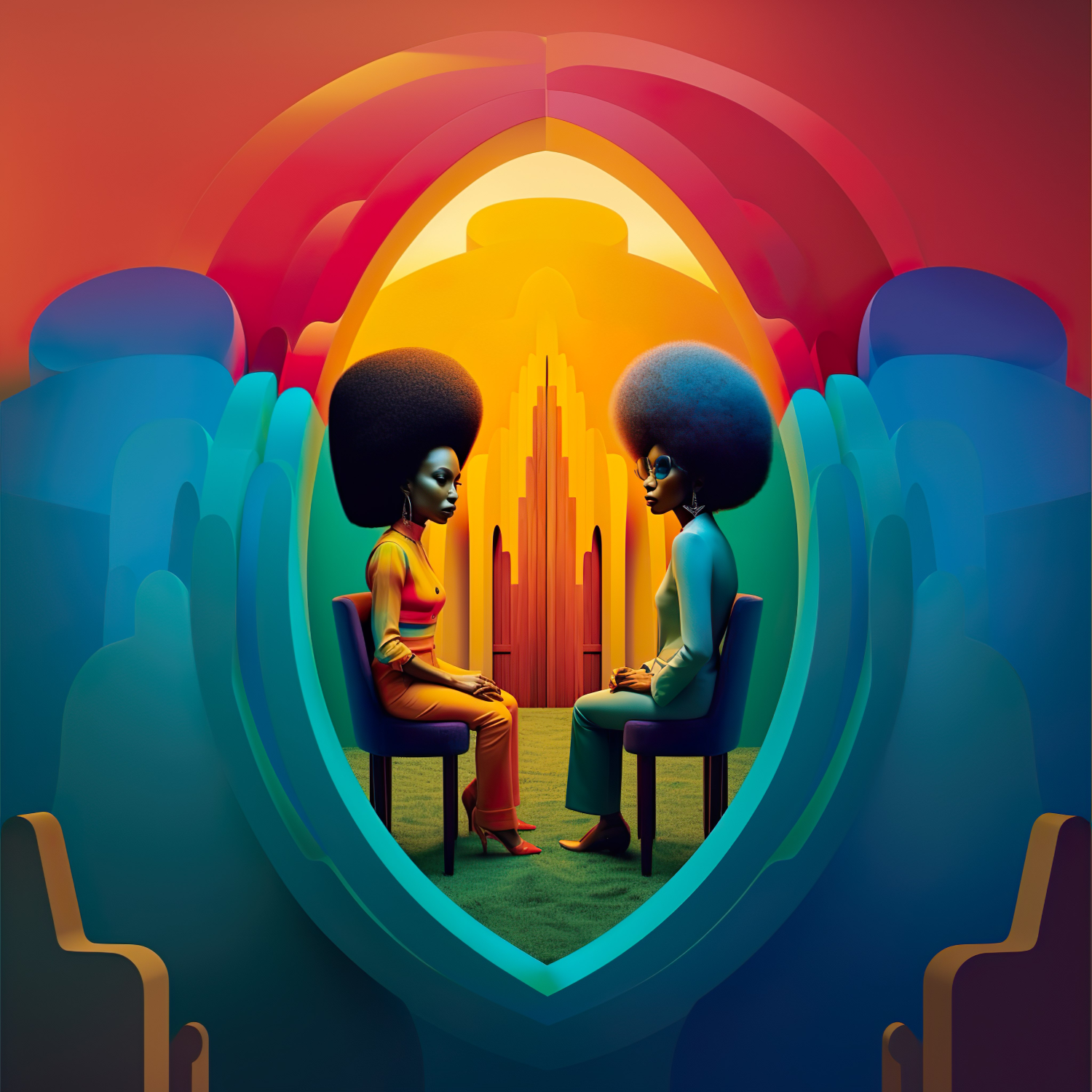 Colorful digital work featuring two Black women with large afros sitting in chairs facing each other with solemn looks on their faces.