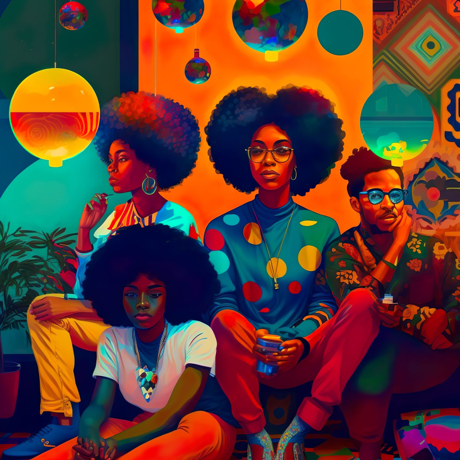 Three Black women and one Black man sitting in a group dressed in colorful clothes looking in difference directions with colorful circular shapes around them.