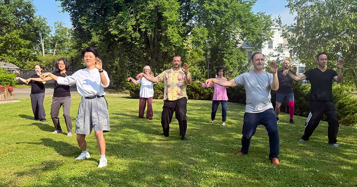 Group of people standing in a grass field practicing tai chi