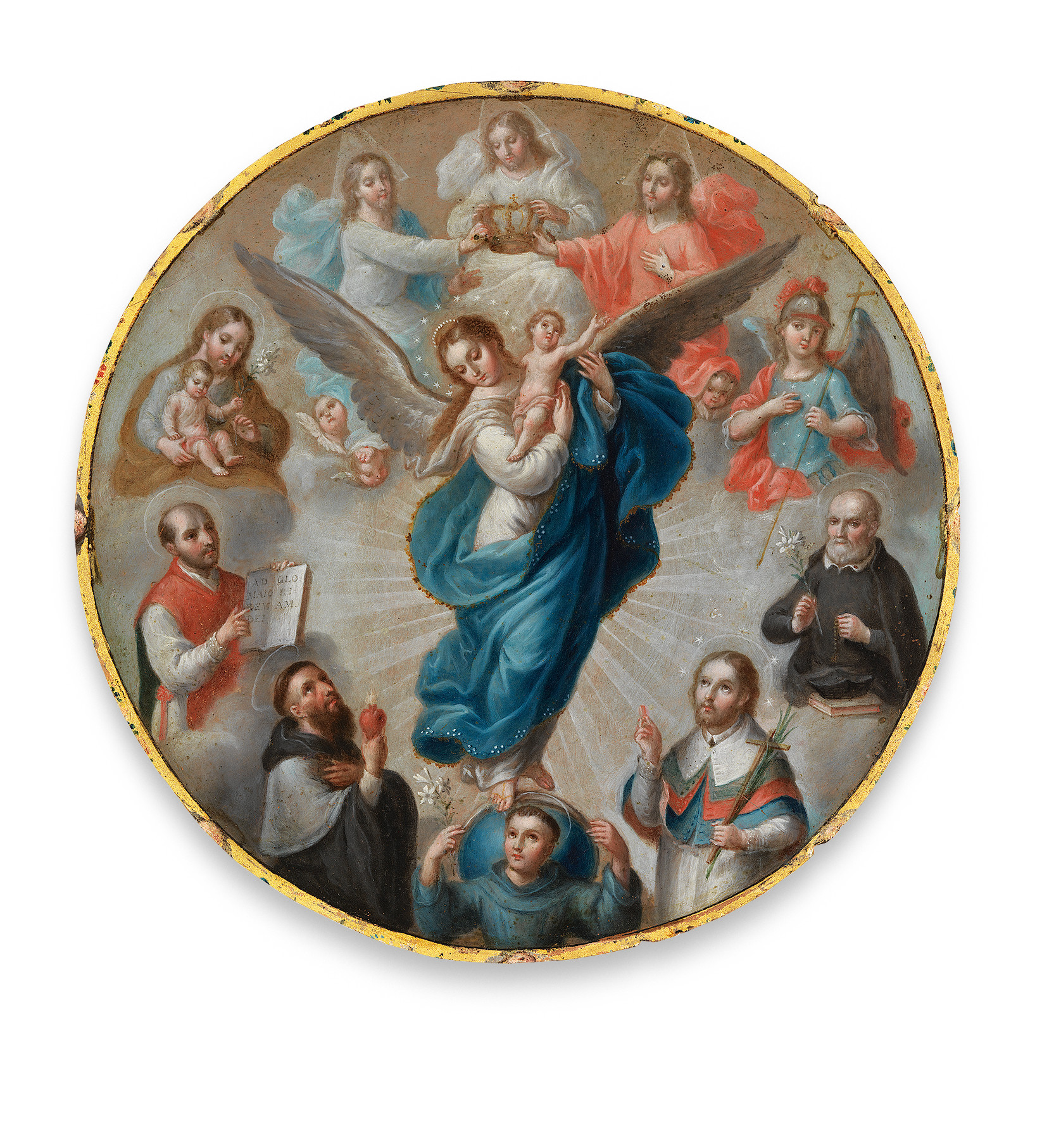 Round painting with the Virgin of the apocalypse in the center surrounded by various saints