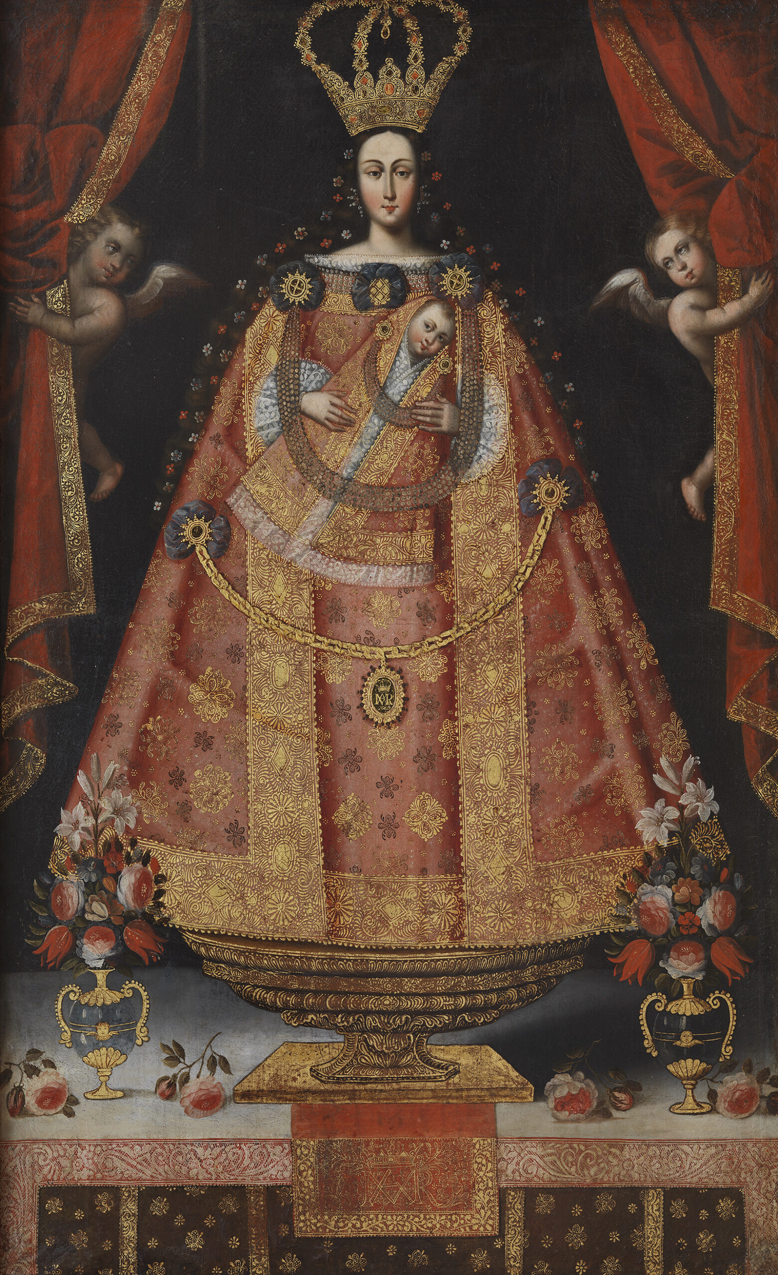 Virgin of Bethlehem standing on a gold platform holding a child with cherubs holding back red velvet curtains on either side of her.