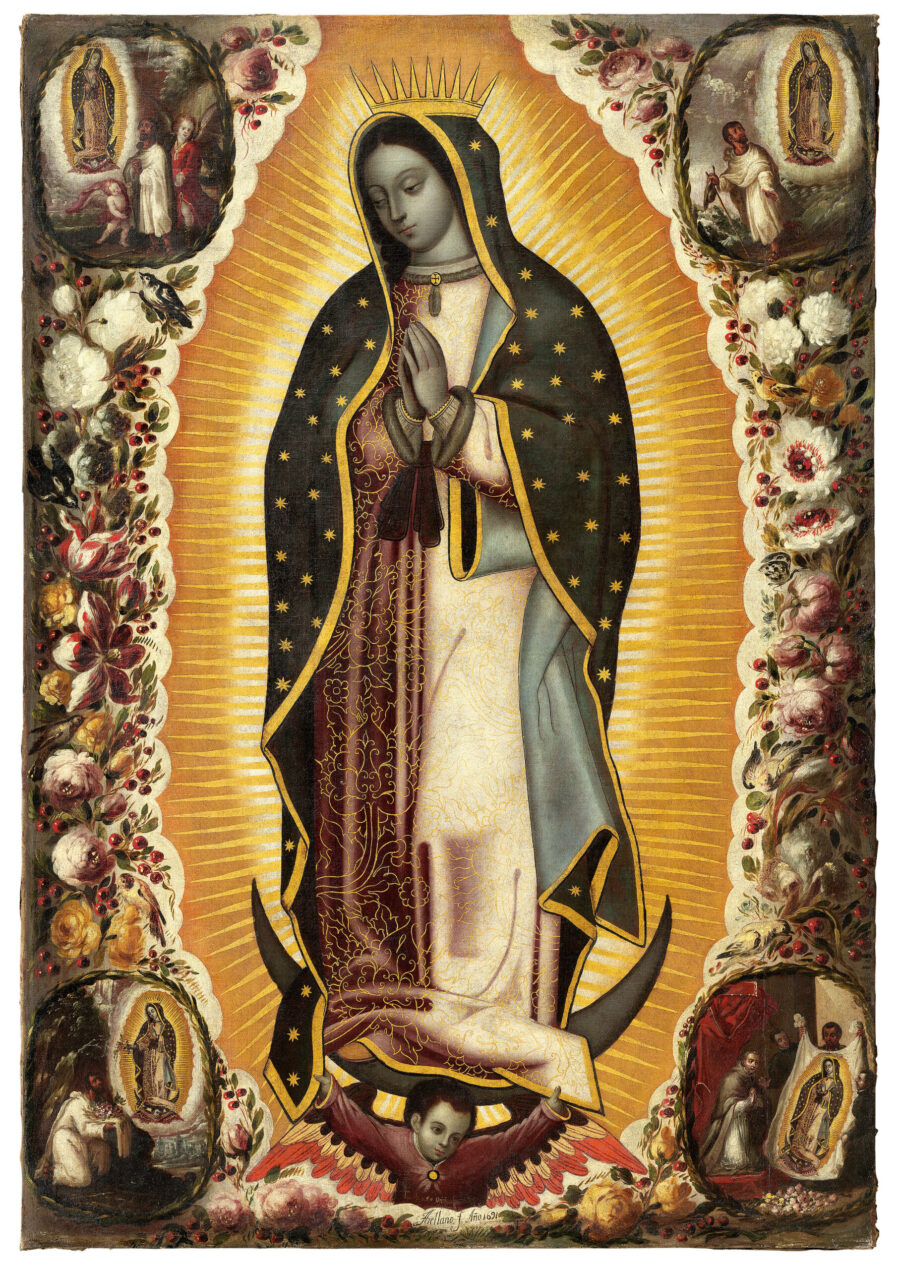 The Virgin of Guadalupe standing with her hands together in a praying position. She has on a gold crown and is wearing a black robe with gold stars which is being held by a young boy at the bottom of the painting.