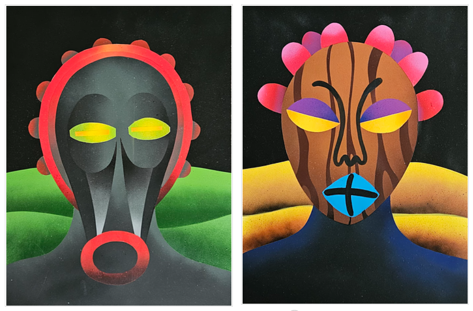 Two colorful abstract mask-like faces.