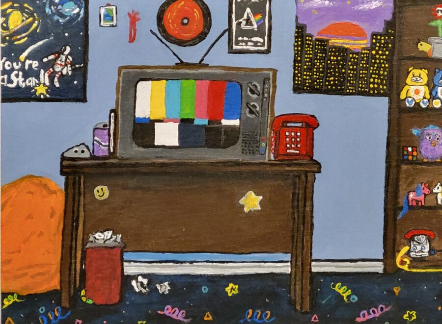 Painting showing a dresser with a phone and TV with color bars sitting on it. Paintings and childrens toys are in the room.