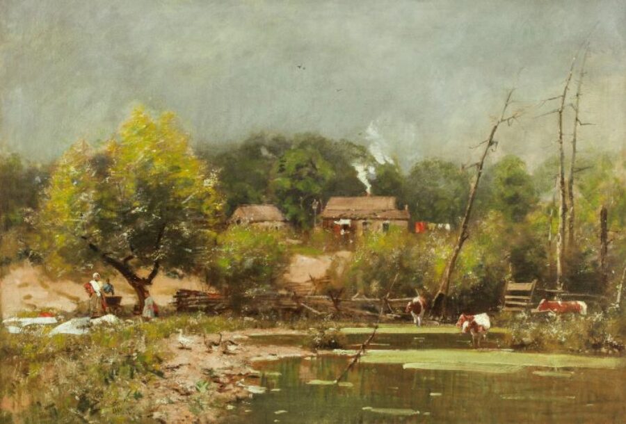 Cows wading in a pond on a farm with a family having a picnic under a tree near with a house background