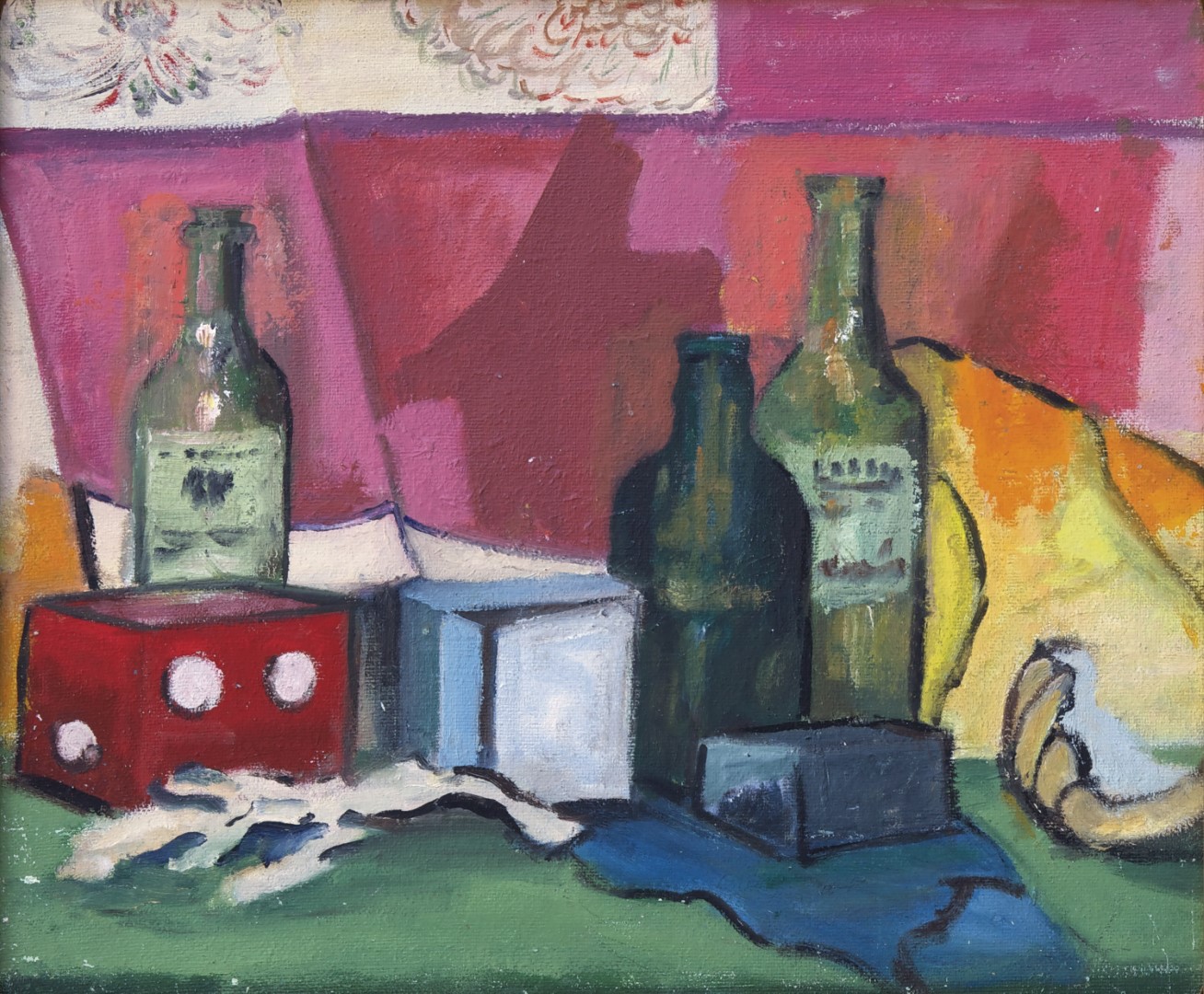 Still life of empty wine bottles and colorful boxes situated in front of a magenta background. There is a hand-like element that seems to reach into the frame from the bottom right.