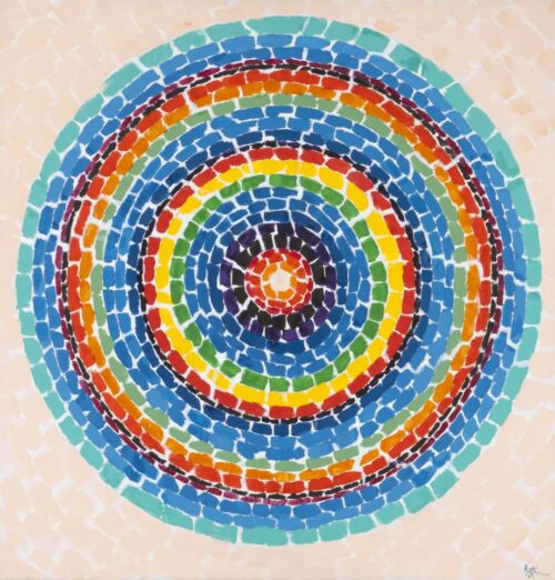 Bricklike brushstrokes longer than they are wide, form concentric circles. Starting with a small red circle in the center, each successive colored row in reds, oranges, blues, greens-- expands the size of the circle.