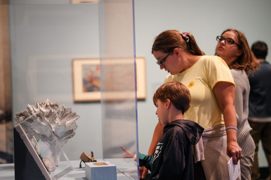 Mother and son looking closely at an artwork in a case