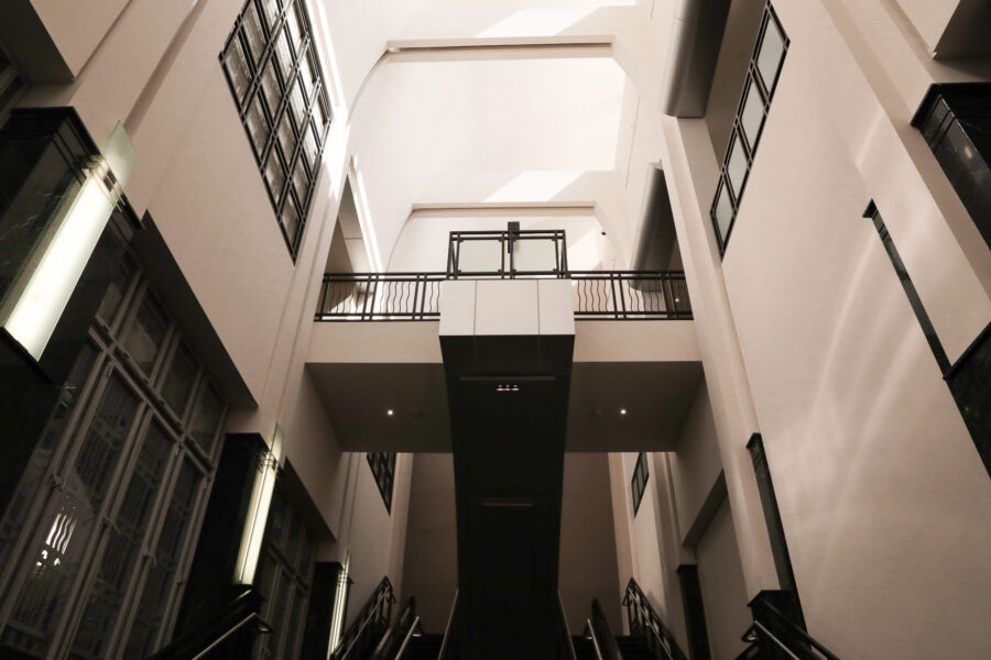 Upwards view of the vast space in the Frist foyer