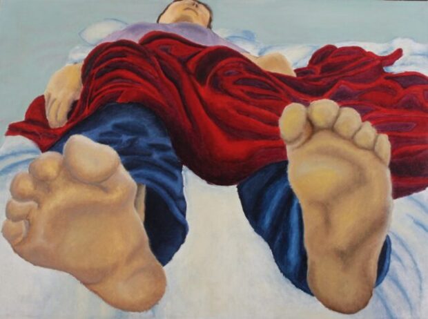 painting of a young man laying down with his feet at the forefront of the image so they appear very large