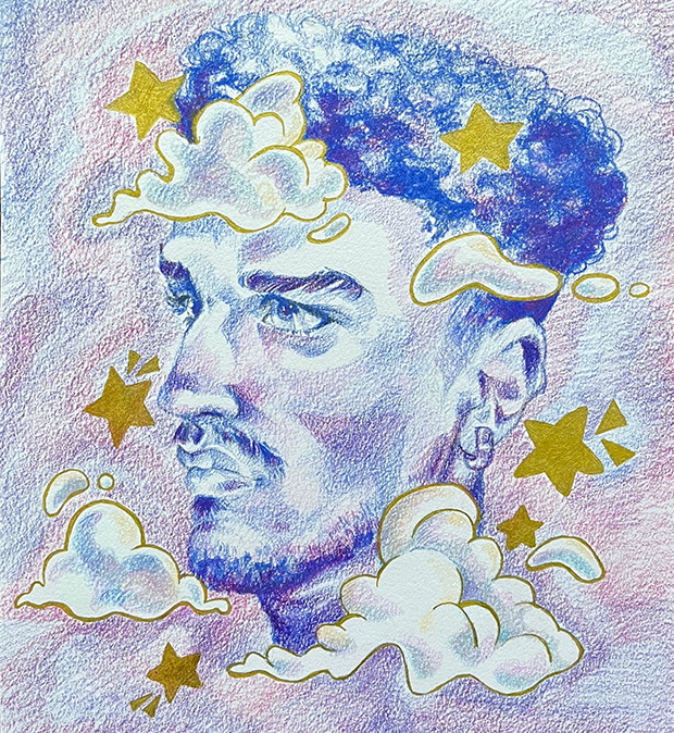 Colored pencil profile of a young curly-haired man’s face being surrounded by swarming clouds and stars.