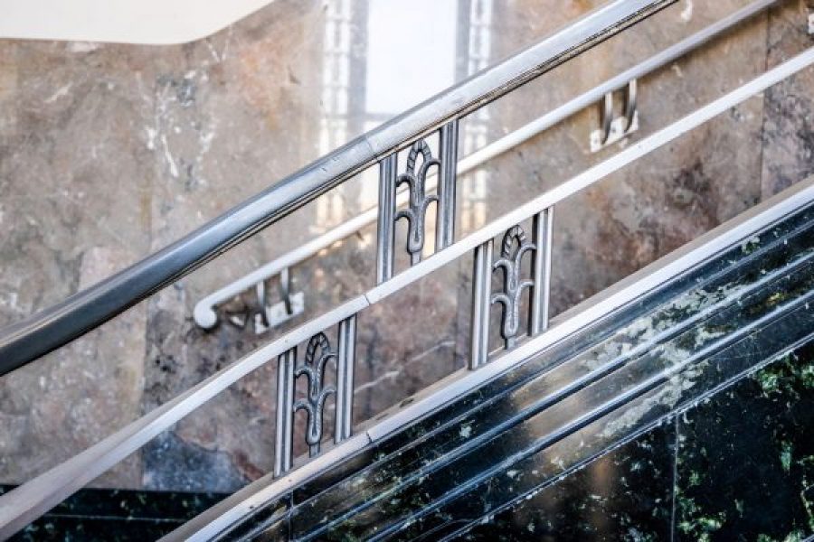 Detail of the handrail on the marble steps in the Frist building