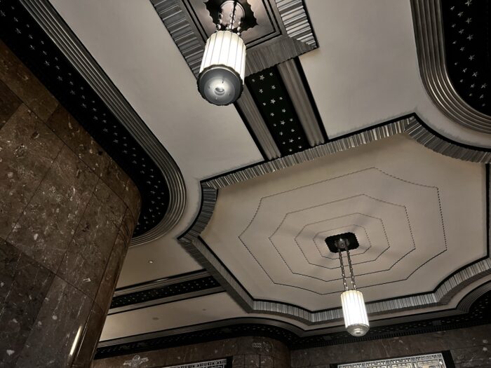 Ceiling photo showing architectural details and light fixtures