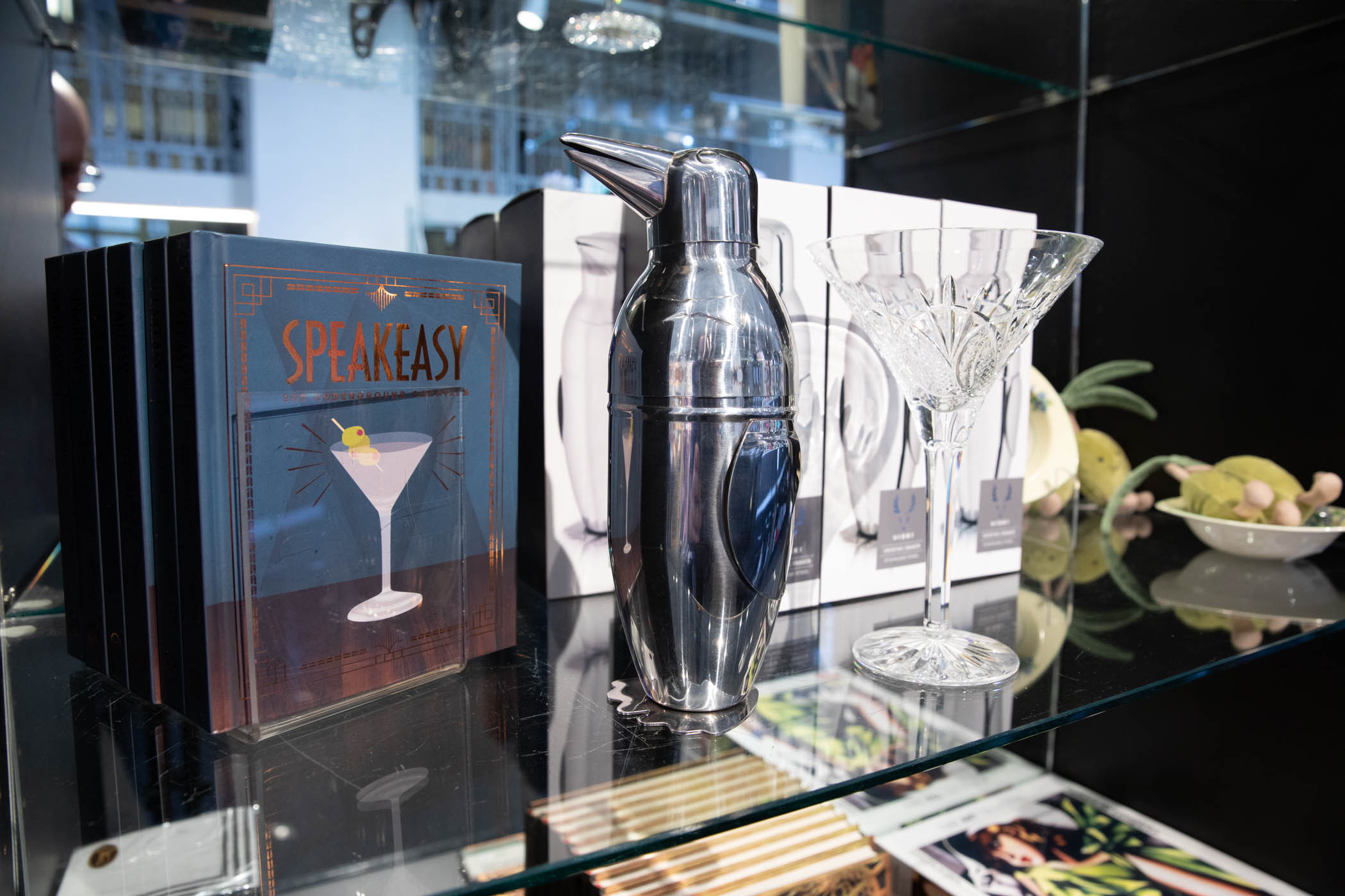 Silver penguin shaker and a crystal martini glass next to a speakeasy book