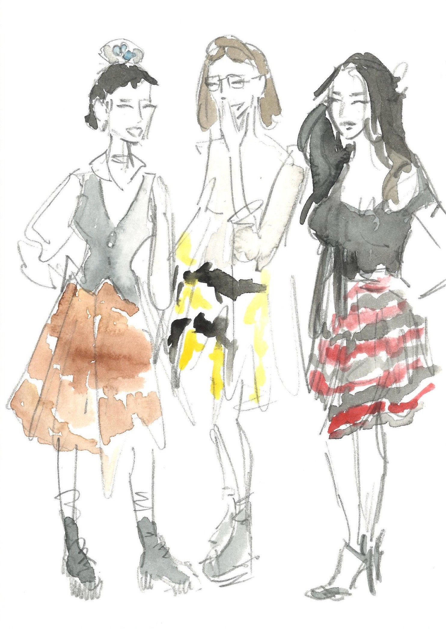 Pencil and watercolor sketch of three young women