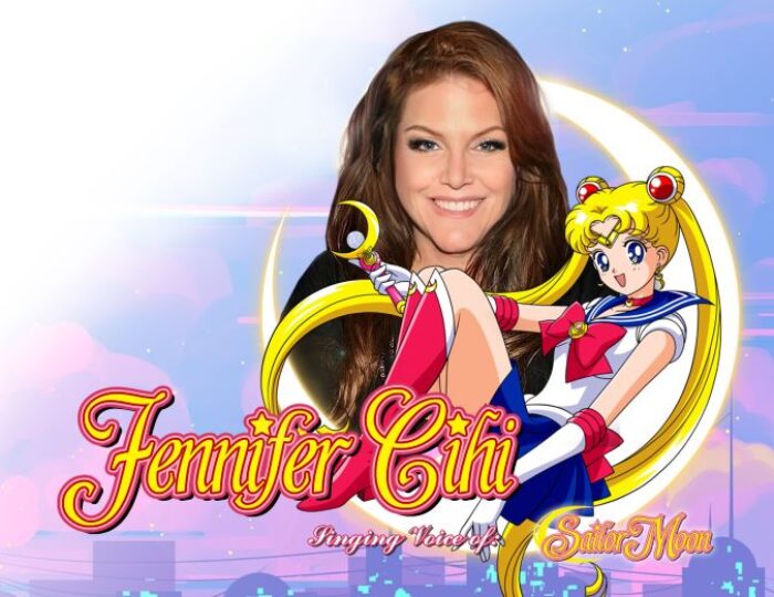 Jennifer Cihi's headshot on an animation of Sailor Moon